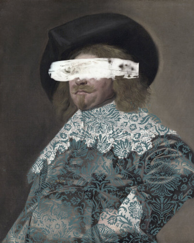Tapet Masked Master II, cu un portret masculin încadrat, cu o pată albă care îi acoperă ochii, tapet cu design modern și contemporan