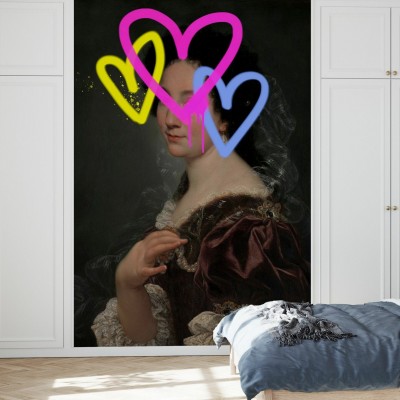 Tapet foto Concealed Portrait II - un portret elegant al unei femei din secolul XVIII-lea cu inimi colorate.