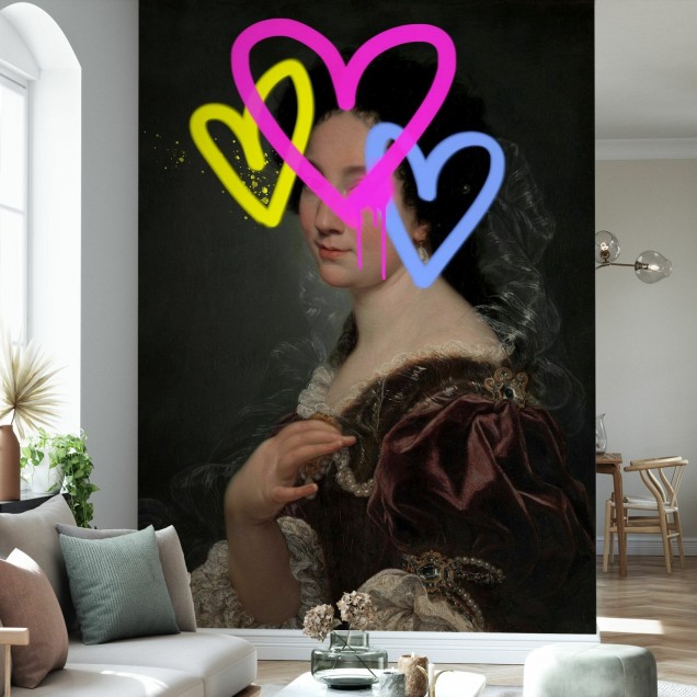 Tapet foto Concealed Portrait II - un portret elegant al unei femei din secolul XVIII-lea cu inimi colorate.