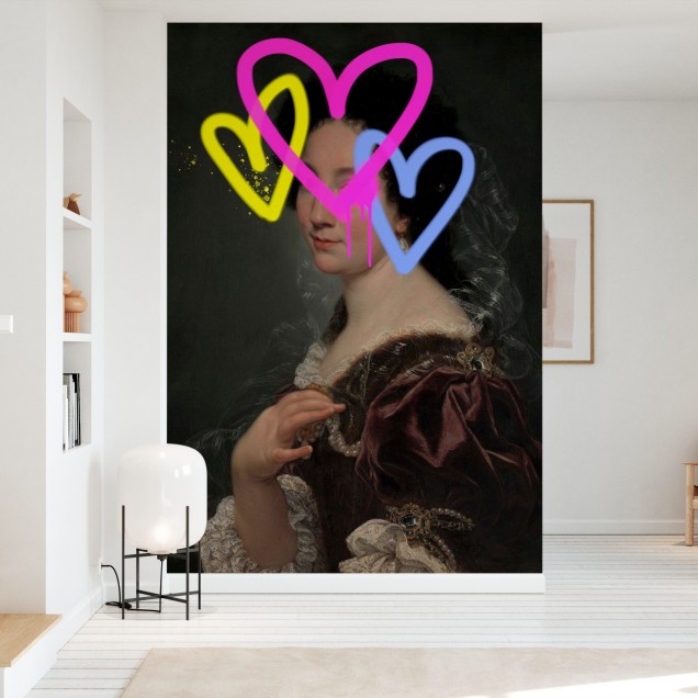 Tapet foto Concealed Portrait II - un portret elegant al unei femei din secolul XVIII-lea cu inimi colorate.