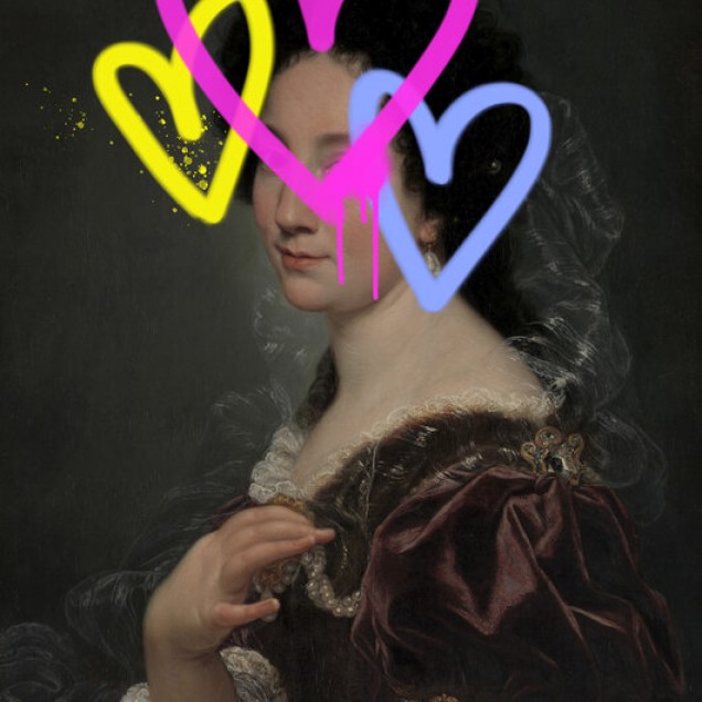 Tapet foto Concealed Portrait II - un portret elegant al unei femei din secolul XVIII-lea cu inimi colorate.