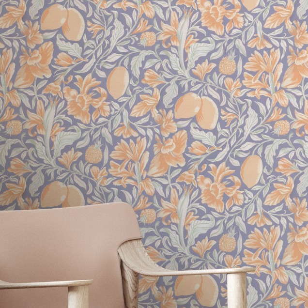 Tapet floral cu citrice Blooming Citrus, Fragrant, pe un fundal gri deschis.