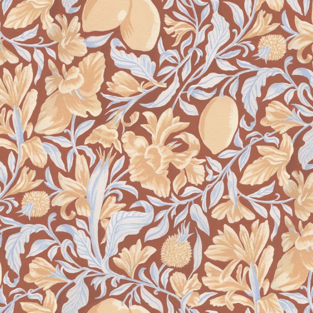 Tapet floral Blooming Citrus, Golden cu model bogat de flori și lămâi în nuanțe calde și pastelate.