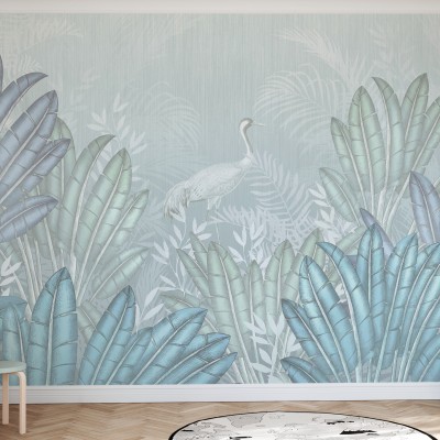 Tapet Place of Tranquility cu frunze tropicale in albastru si verde, in design minimalist.