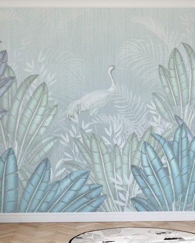 Tapet Place of Tranquility cu frunze tropicale in albastru si verde, in design minimalist.