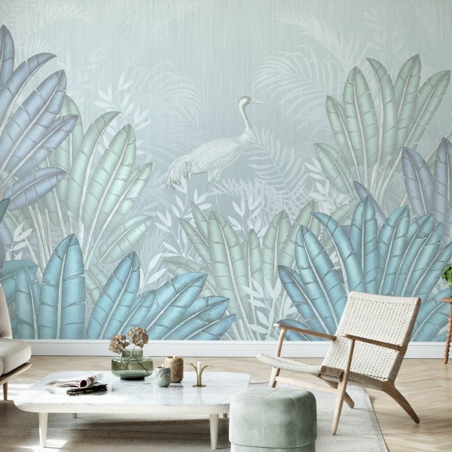 Tapet Place of Tranquility cu frunze tropicale in albastru si verde, in design minimalist.