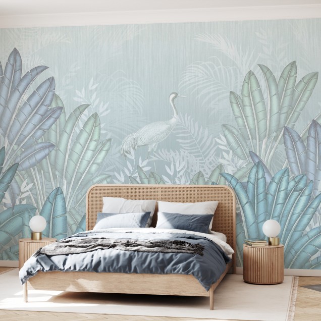Tapet Place of Tranquility cu frunze tropicale in albastru si verde, in design minimalist.