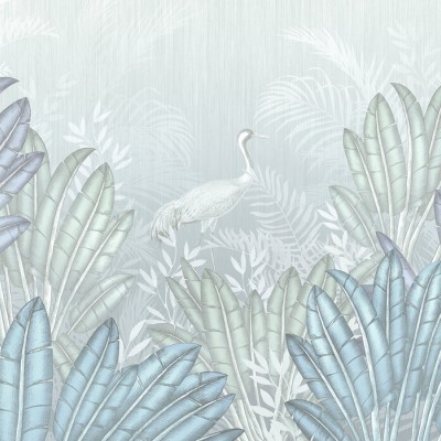 Tapet Place of Tranquility cu frunze tropicale in albastru si verde, in design minimalist.