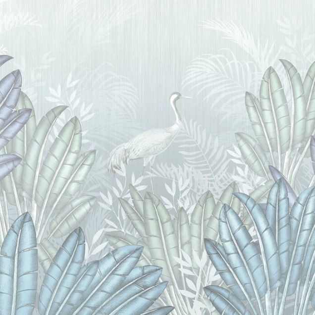 Tapet Place of Tranquility cu frunze tropicale in albastru si verde, in design minimalist.