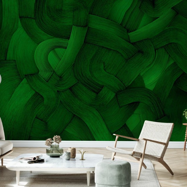Tapet modern cu design unic, cu linii curbe și un ton de verde luxuriant.