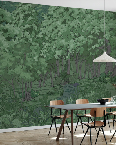 Imaginea de fundal Green Forest in the Evening prezintă o pădure în culori calde și tonuri verzi, creând o atmosferă relaxantă și liniștitoare.