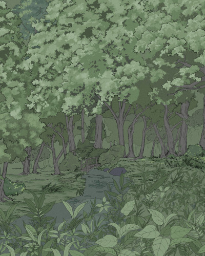 Imaginea de fundal Green Forest in the Evening prezintă o pădure în culori calde și tonuri verzi, creând o atmosferă relaxantă și liniștitoare.