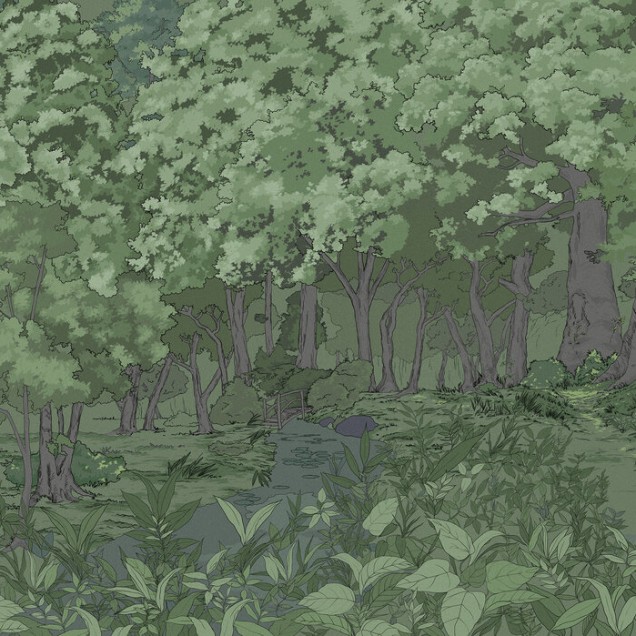 Imaginea de fundal Green Forest in the Evening prezintă o pădure în culori calde și tonuri verzi, creând o atmosferă relaxantă și liniștitoare.