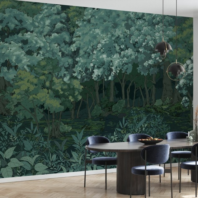 Tapet cu design modern, minimalist, Green Forest in the Moon Light. Imaginea prezinta o padure intunecata in lumina lunii.