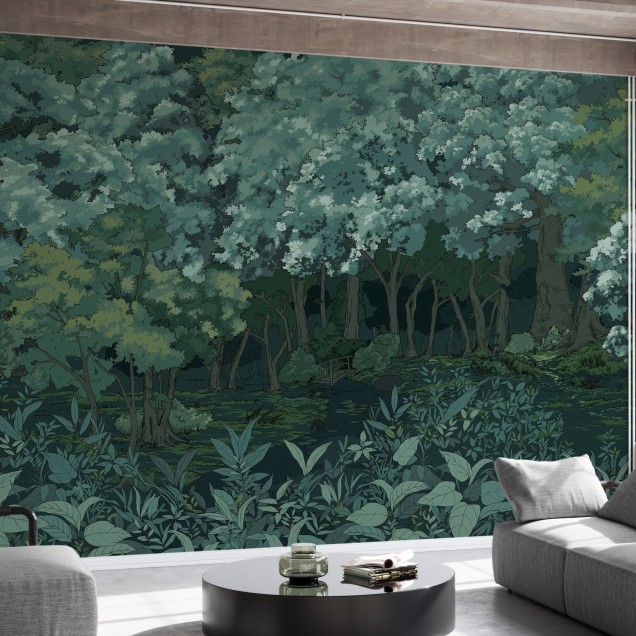 Tapet cu design modern, minimalist, Green Forest in the Moon Light. Imaginea prezinta o padure intunecata in lumina lunii.