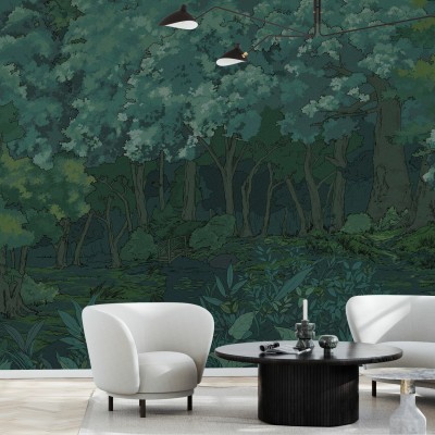 Tapet cu design de pădure noaptea, cu culori verzi și detalii complexe
