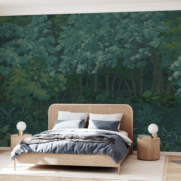 Tapet cu design de pădure noaptea, cu culori verzi și detalii complexe