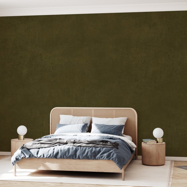 Tapet foto cu design de piatră veche, de culoare verde decolorată, aplicat pe un perete din living.