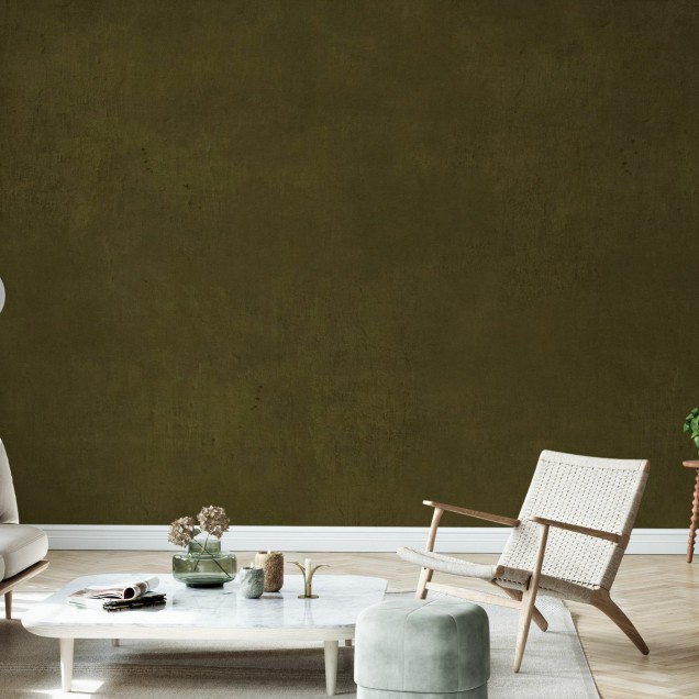 Tapet foto cu design de piatră veche, de culoare verde decolorată, aplicat pe un perete din living.