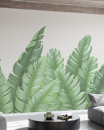 Tapet cu frunze mari, în culori crem și salvie, în livingul unui apartament modern.