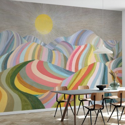 Tapet cu model abstract de dealuri colorate sub un soare cald