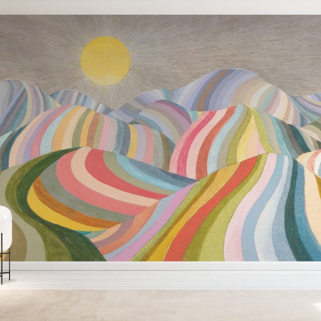 Tapet cu model abstract de dealuri colorate sub un soare cald