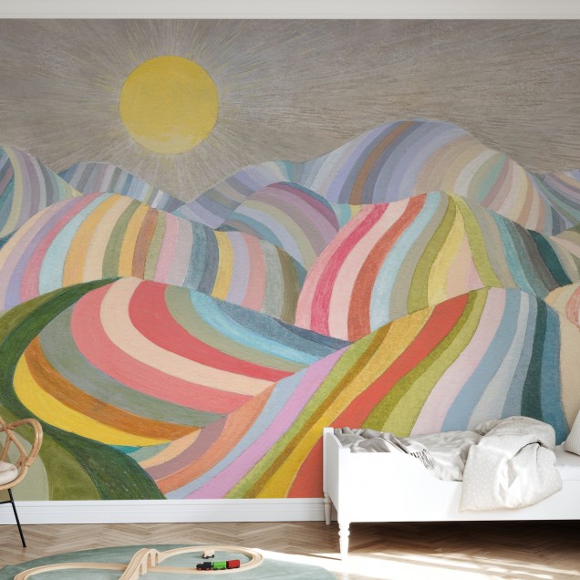 Tapet cu model abstract de dealuri colorate sub un soare cald