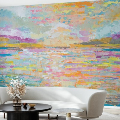 Tapet Ocean Sunrise, cu un răsărit de soare abstract, pictat în nuanțe pastelate