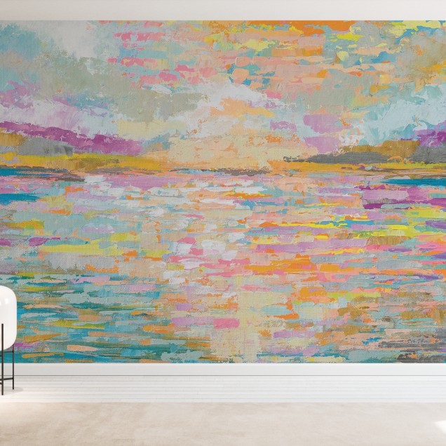 Tapet Ocean Sunrise, cu un răsărit de soare abstract, pictat în nuanțe pastelate