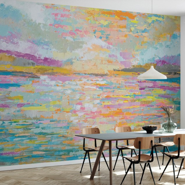 Tapet Ocean Sunrise, cu un răsărit de soare abstract, pictat în nuanțe pastelate