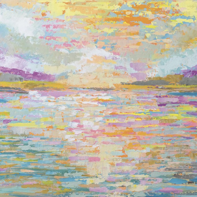 Tapet Ocean Sunrise, cu un răsărit de soare abstract, pictat în nuanțe pastelate