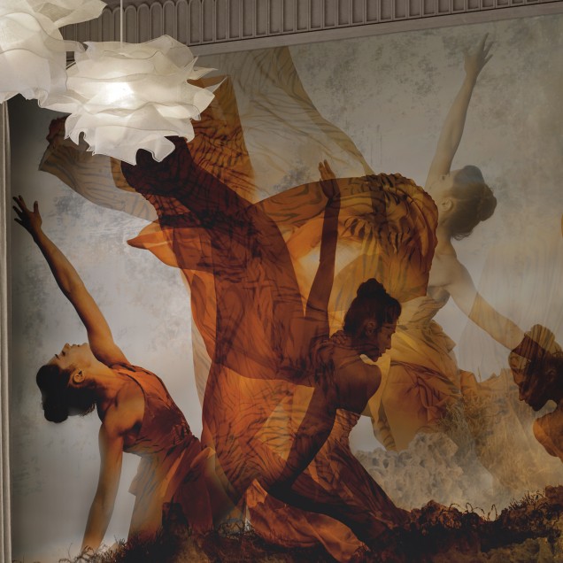 Tapet Nymph Dance cu un design artistic cu siluete feminine delicate care dansează în aer, perfect pentru a crea un punct focal în living, dormitor sau birou.