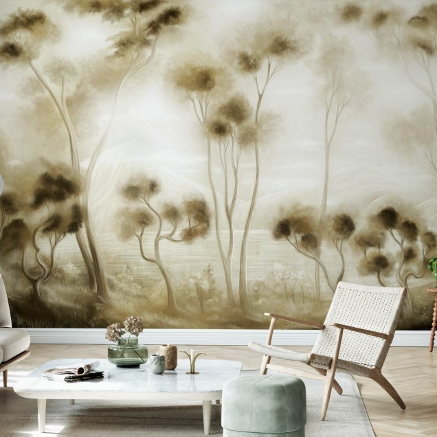 Tapet modern cu design inspirat de peisaje luminoase, cu detalii fine si o gama de culori neutre.