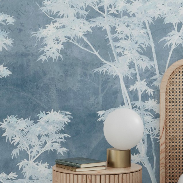 Tapet Maple Dreams, Blue cu design minimalist și imprimeu cu frunze de arțar în relief