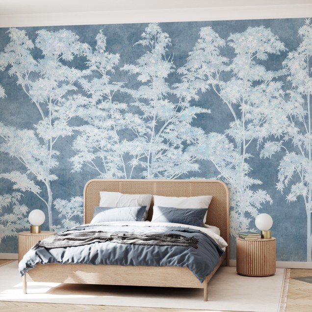 Tapet Maple Dreams, Blue cu design minimalist și imprimeu cu frunze de arțar în relief