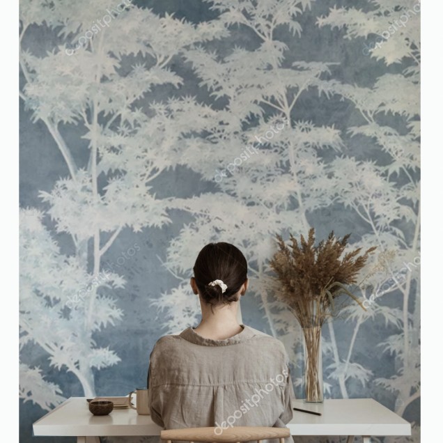 Tapet Maple Dreams, Blue cu design minimalist și imprimeu cu frunze de arțar în relief