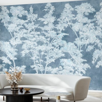 Tapet Maple Dreams, Blue cu design minimalist și imprimeu cu frunze de arțar în relief