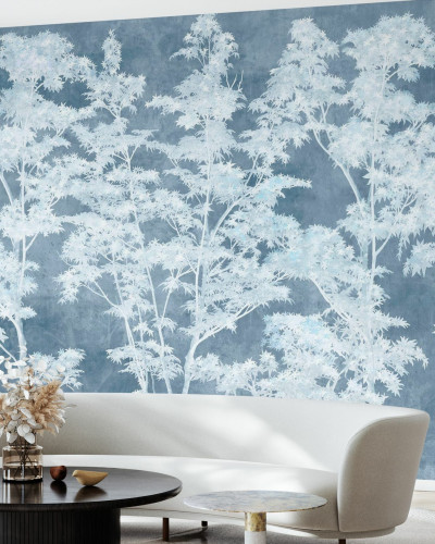 Tapet Maple Dreams, Blue cu design minimalist și imprimeu cu frunze de arțar în relief