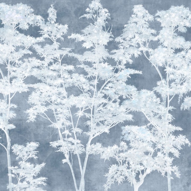 Tapet Maple Dreams, Blue cu design minimalist și imprimeu cu frunze de arțar în relief