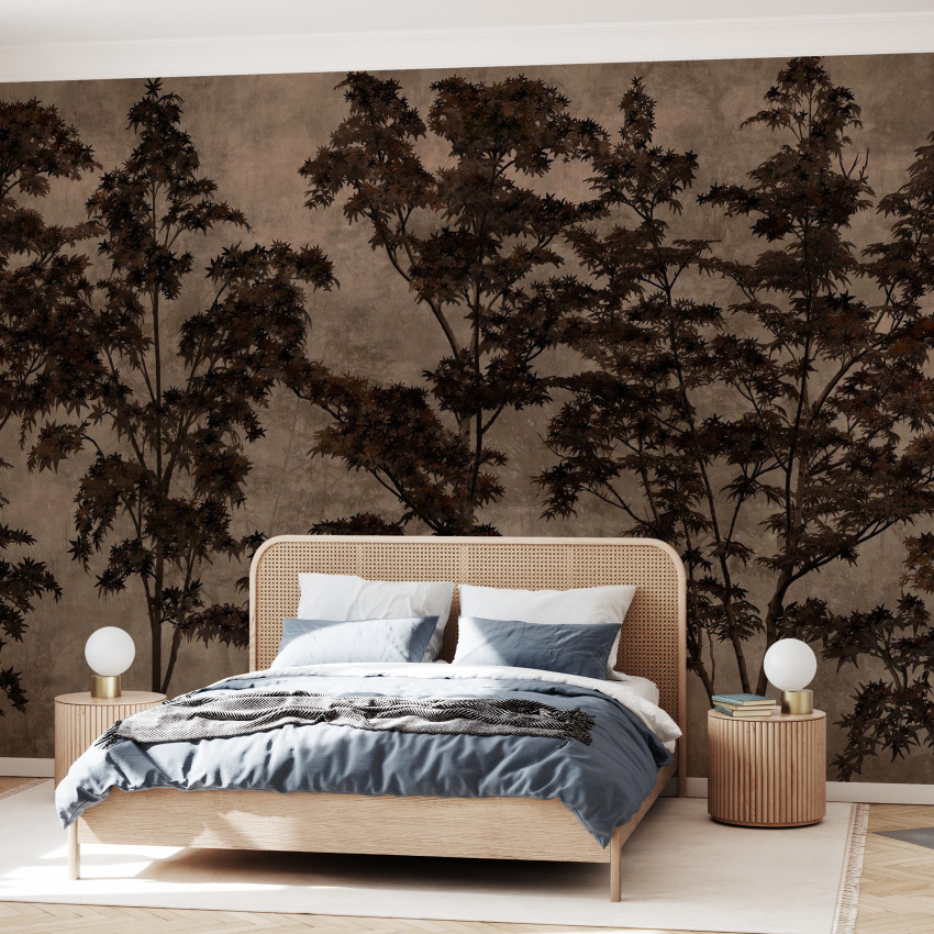 Tapet Maple Dreams, Blue cu design minimalist și imprimeu cu frunze de arțar în relief