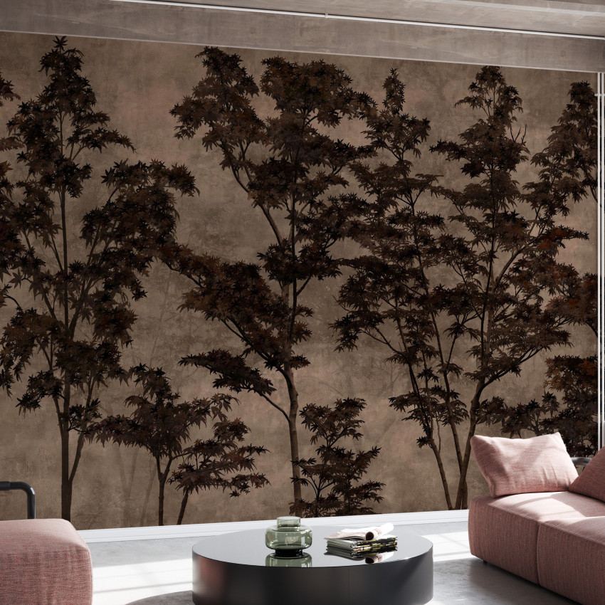 Tapet Maple Dreams, Blue cu design minimalist și imprimeu cu frunze de arțar în relief