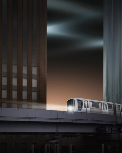 Fototapet cu un tren care merge printr-o cladire inalta.