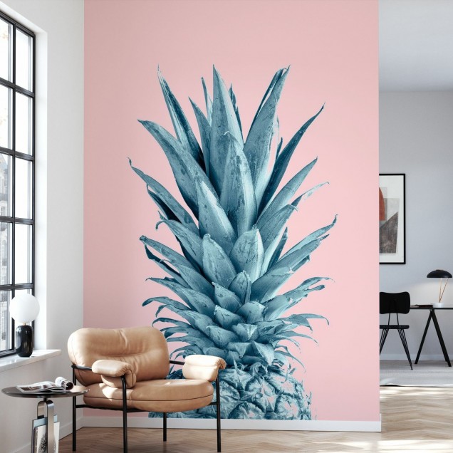 Fototapet Pineapple Pink VI, ananas albastru deschis pe fundal roz
