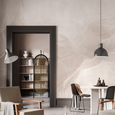 Fototapet cu aspect de marmură blush într-un living modern
