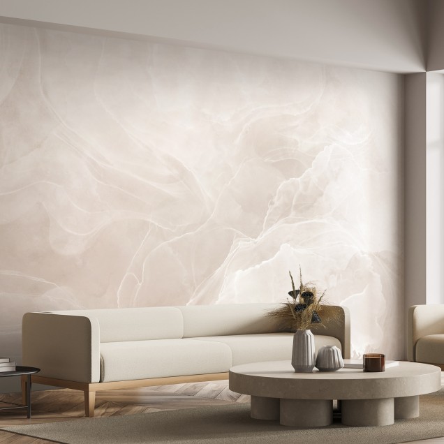 Fototapet cu aspect de marmură blush într-un living modern