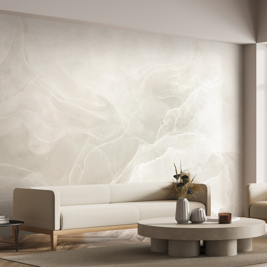 Fototapet cu aspect de marmură blush într-un living modern