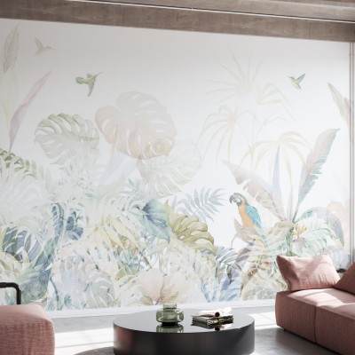 Tapet cu design tropical cu frunze de Monstera, păsări exotice și un macaw viu colorat.