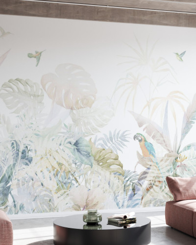 Tapet cu design tropical cu frunze de Monstera, păsări exotice și un macaw viu colorat.