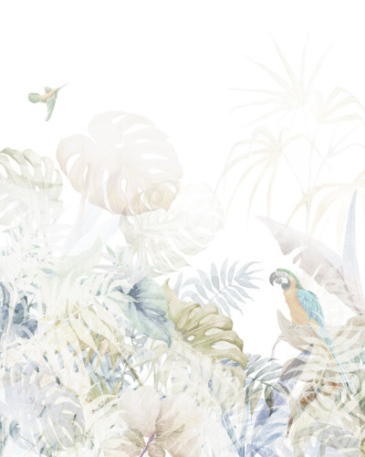Tapet cu design tropical cu frunze de Monstera, păsări exotice și un macaw viu colorat.