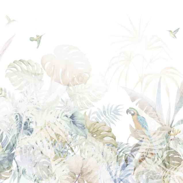 Tapet cu design tropical cu frunze de Monstera, păsări exotice și un macaw viu colorat.